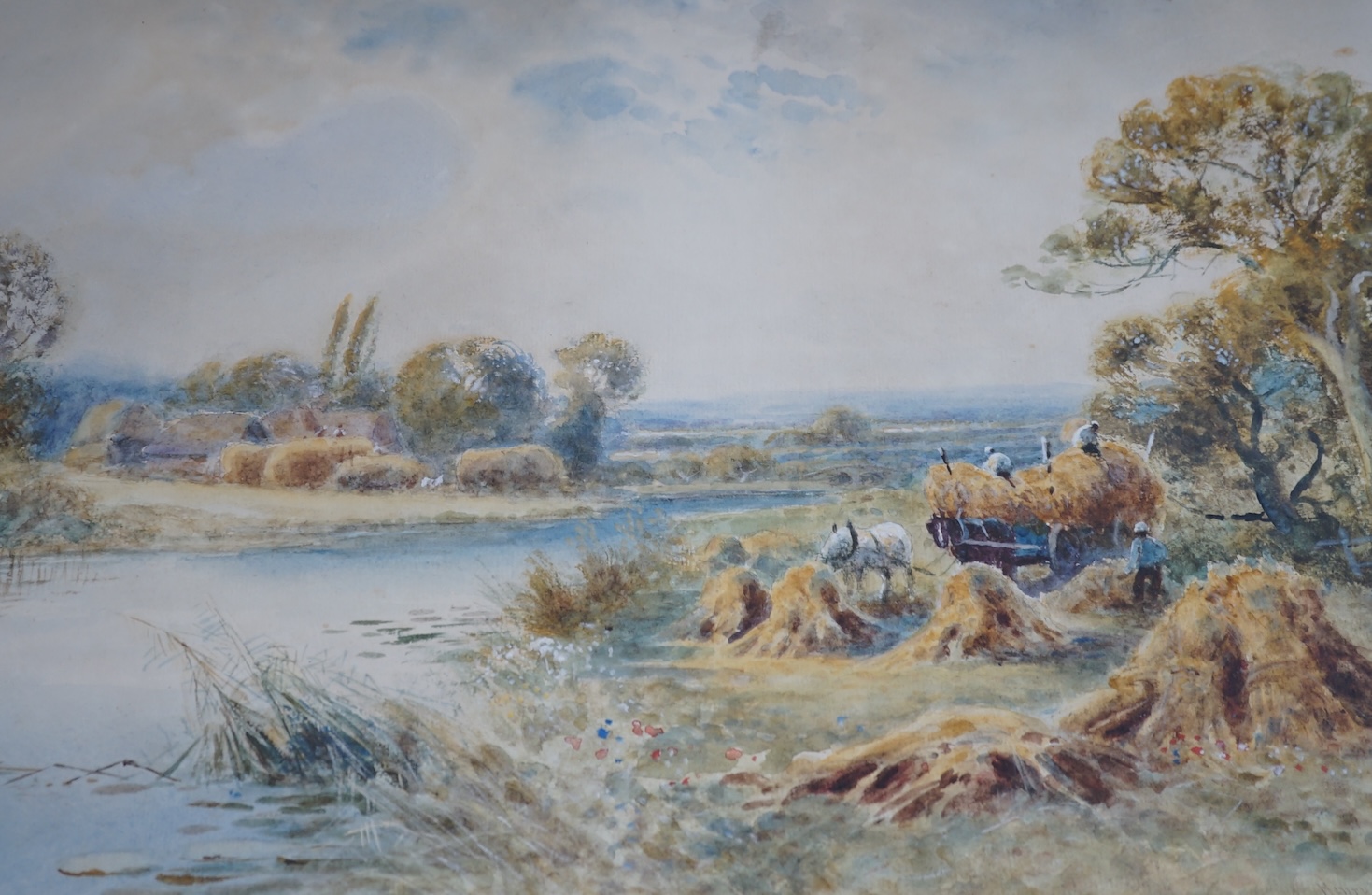 Henry John Kinnaird (fl.1880-1920), watercolour, figures haymaking beside a river, signed, 35.5 x 50cm. Condition - fair, some discolouration and foxing